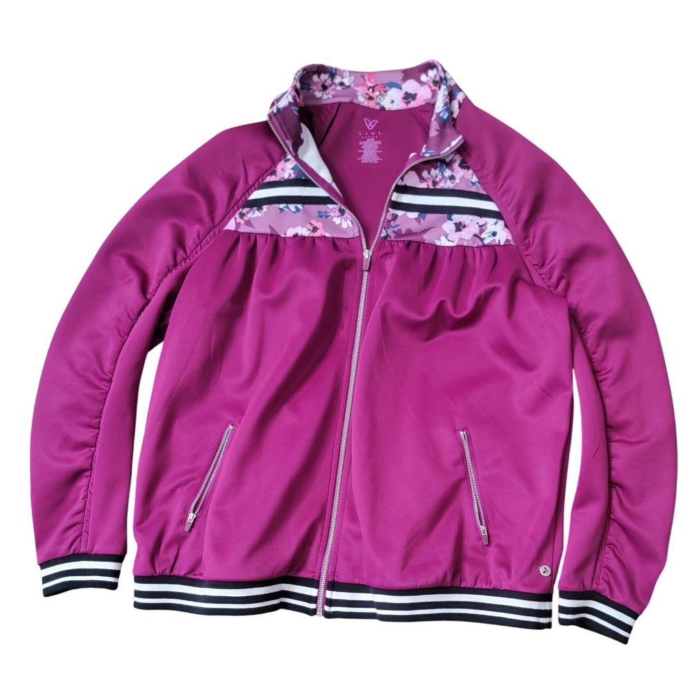 Livi Active Womens Pink Floral Striped Track‎ Jacket Full Zip Magenta 14/16